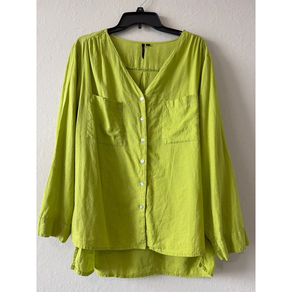Cathy Women’s Linen Blend Lime Green Button Down Shirt Hi-Lo Hem Plus Size 2X